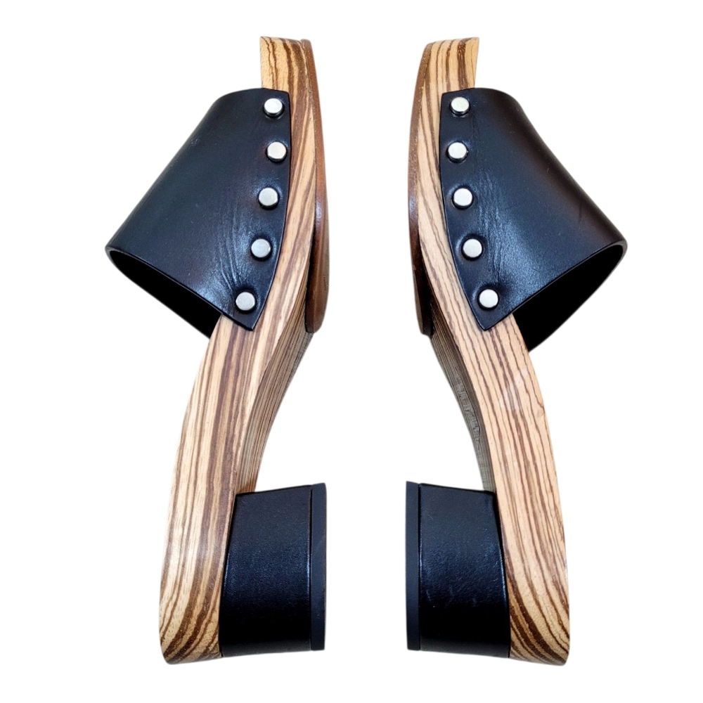 PROENZA SCHOULER Black Studded Leather Wood Slide Sandals Mules Clogs Block Heel